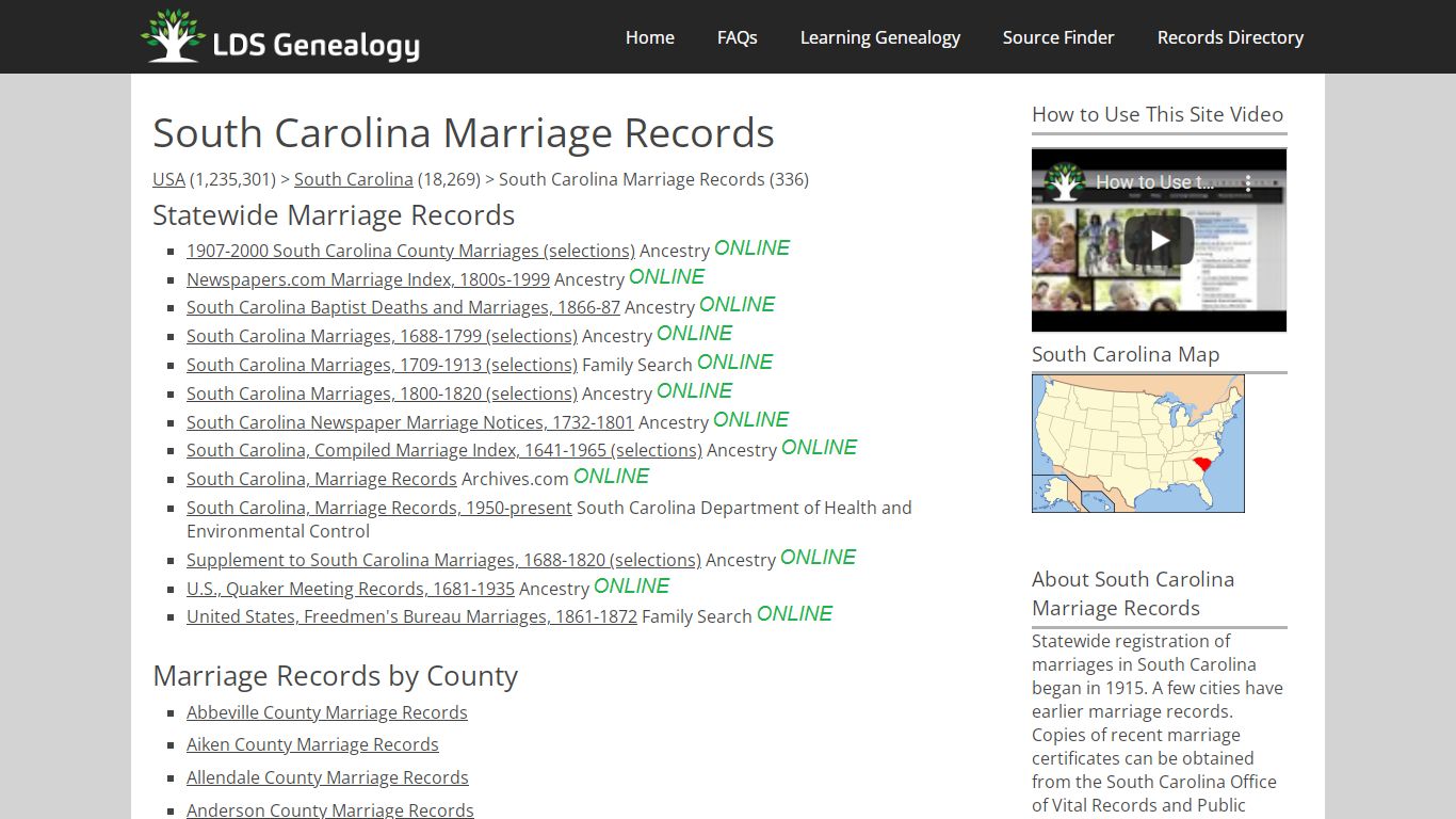 South Carolina Marriage Records - LDS Genealogy